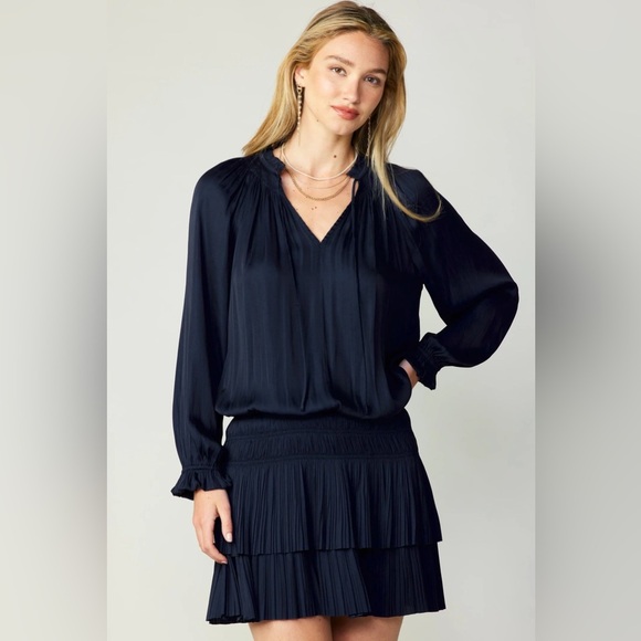 Current Air Dresses & Skirts - Current Air Ellie Smocked Mini Dress Long Sleeve Pleated Skirt Slate Blue Small